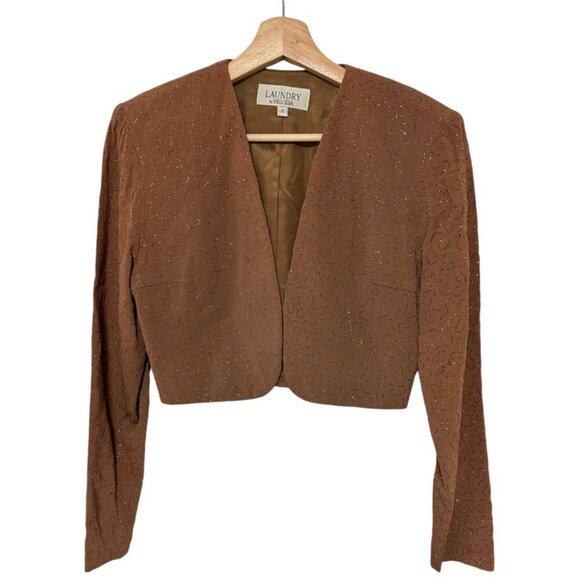 Vintage 90's‎ Brown Glitter Sparkle Crop Jacket Blazer LAUNDRY by SHELLI SEGAL - Picture 2 of 9